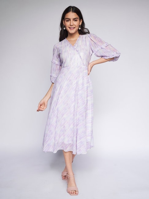 AND Purple & White Striped A-Line Dress Price in India