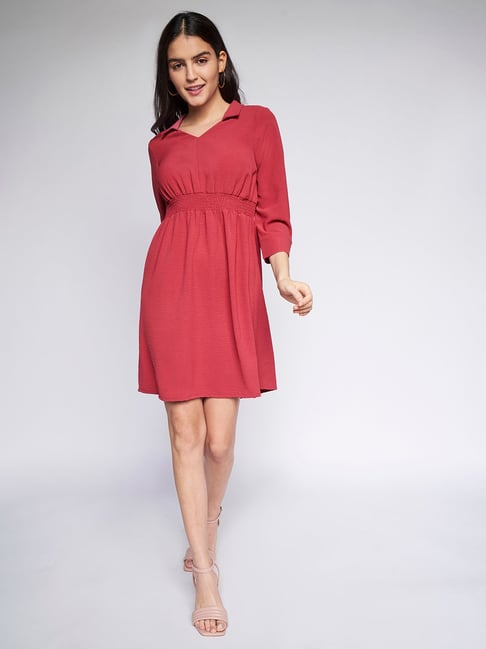 Women Red Chiffon Lurex Notched Collar Maxi Dress
