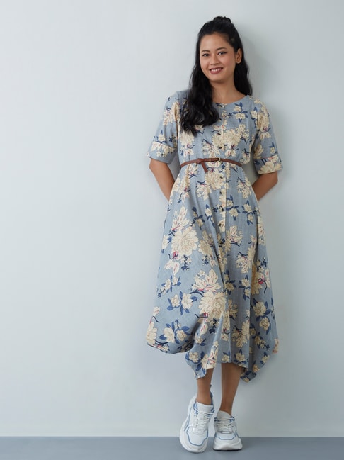 Bombay Paisley by Westside Blue Floral Dress with Belt Price in India