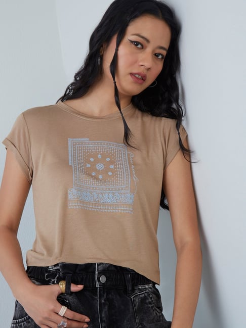 Nuon by Westside Brown Printed Crop T-Shirt Price in India