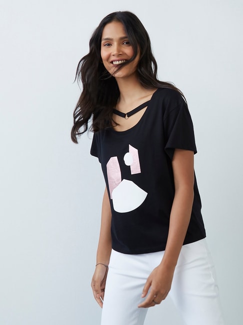 LOV by Westside Black Abstract-Patterned Kristina T-Shirt Price in India