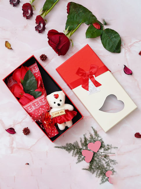 Buy eCraftIndia Red Heart Shaped Gift Box Set with Teddy & Flowers at Best  Price @ Tata CLiQ