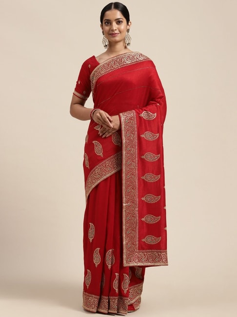 Saree Mall Red Zari Work Saree With Unstitched Blouse Price in India