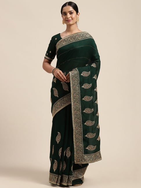 Saree Mall Black & Green Printed Saree With Unstitched Blouse