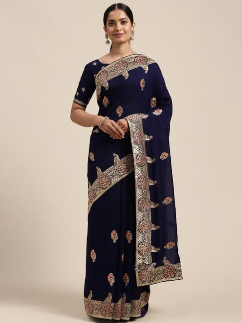Saree Mall Navy Zari Work Saree With Unstitched Blouse Price in India