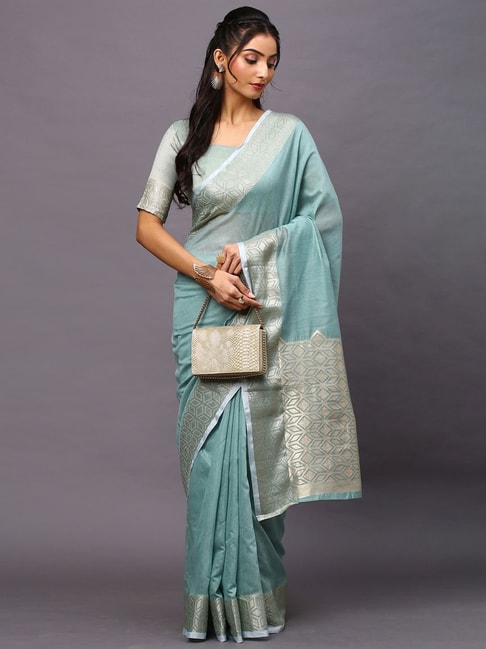 Saree Mall Turquoise Woven Saree With Unstitched Blouse Price in India
