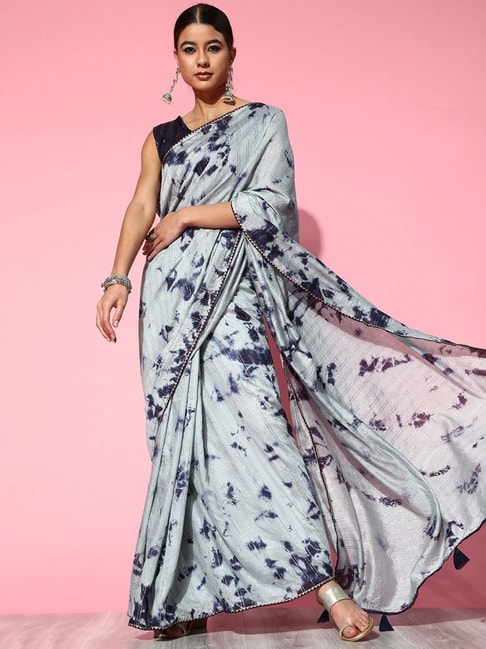 Saree Mall Grey Printed Saree With Unstitched Blouse Price in India