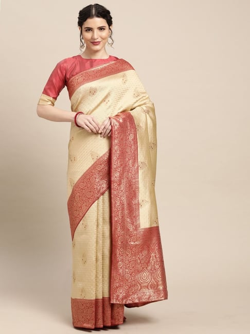 Saree Mall Beige Woven Saree With Unstitched Blouse Price in India