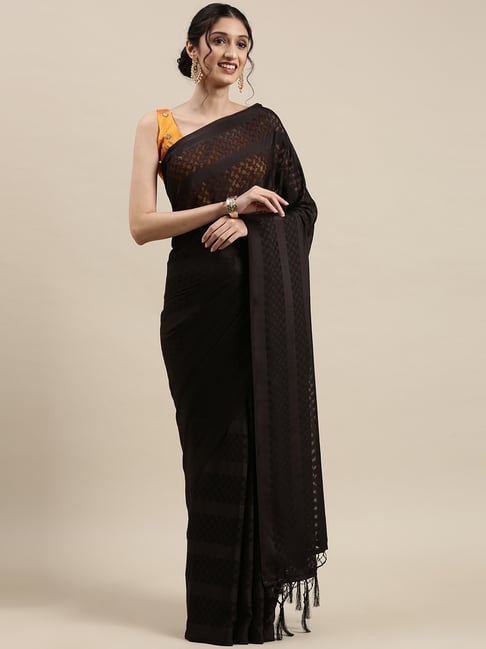 Saree Mall Black Embroidered Saree With Unstitched Blouse Price in India
