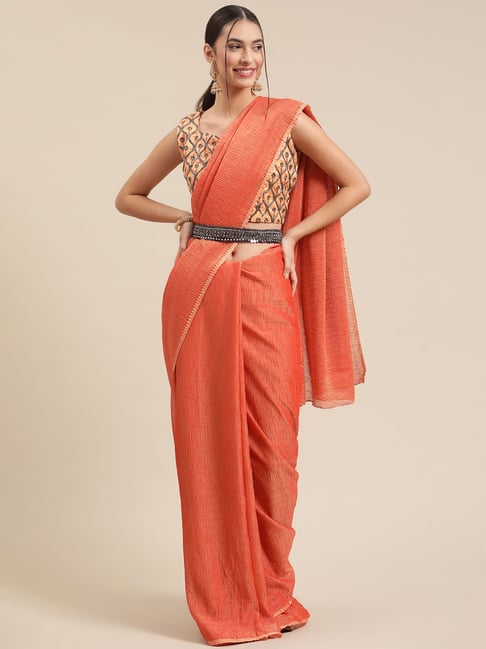 Saree Mall Orange Plain Saree With Unstitched Blouse Price in India