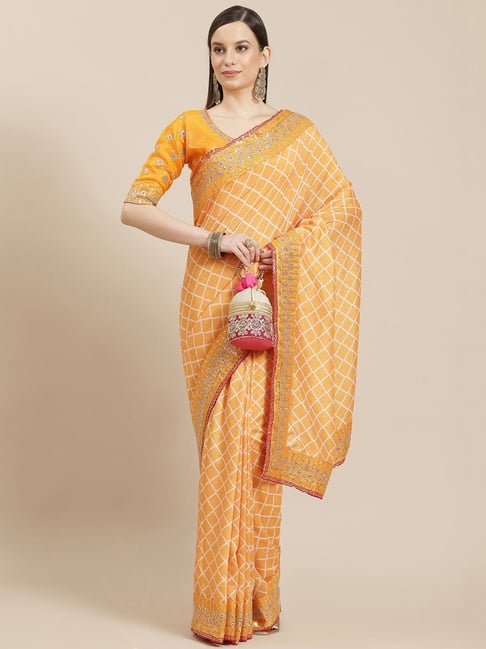 Saree Mall Yellow Zari Work Saree With Unstitched Blouse Price in India