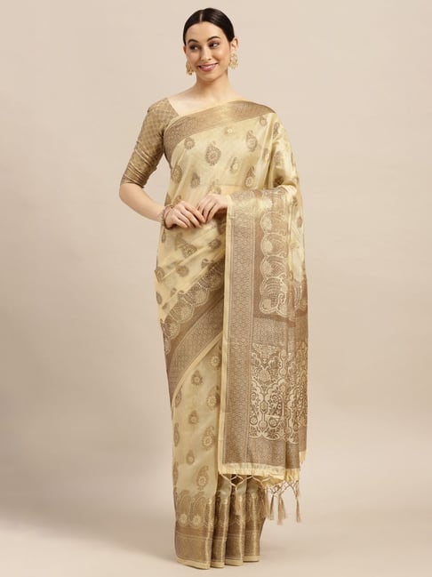 Saree Mall Beige Woven Saree With Unstitched Blouse Price in India