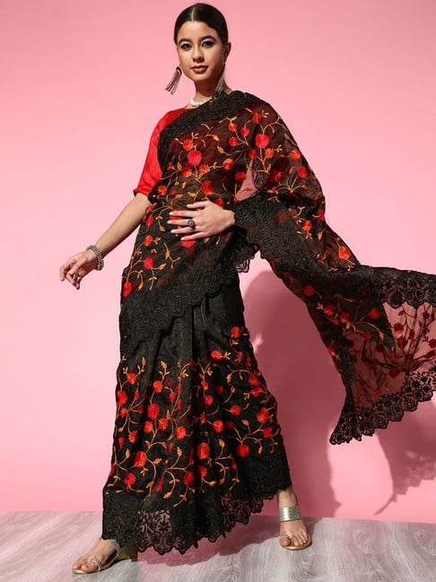 Saree Mall Black Floral Print Saree With Unstitched Blouse Price in India