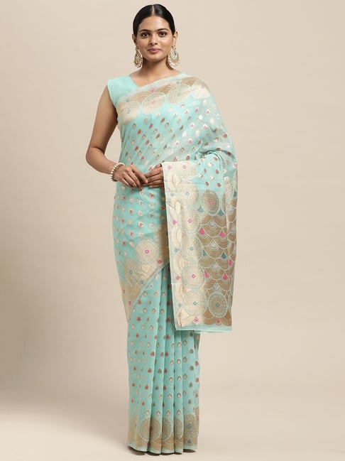 Saree Mall Turquoise Woven Saree With Unstitched Blouse Price in India