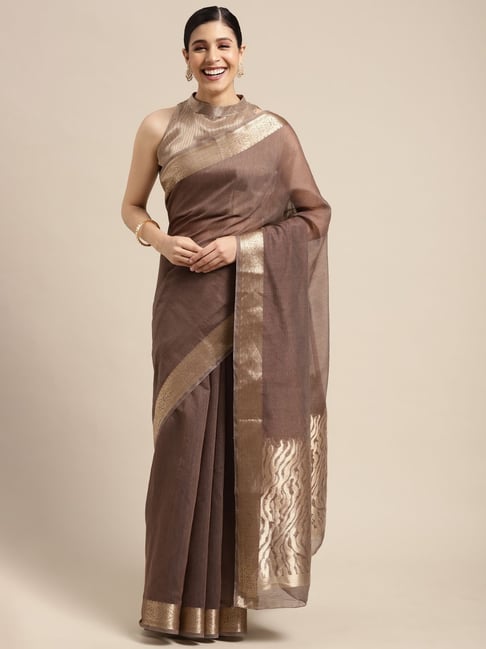 Saree Mall Brown Woven Saree With Unstitched Blouse Price in India