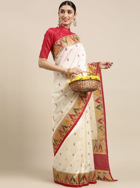 Saree Mall Off-White Printed Saree With Unstitched Blouse Price in India