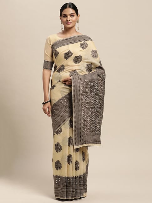 Saree Mall Beige Floral Print Saree With Unstitched Blouse Price in India