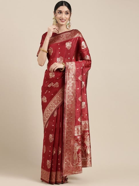 Saree Mall Maroon Woven Saree With Unstitched Blouse Price in India