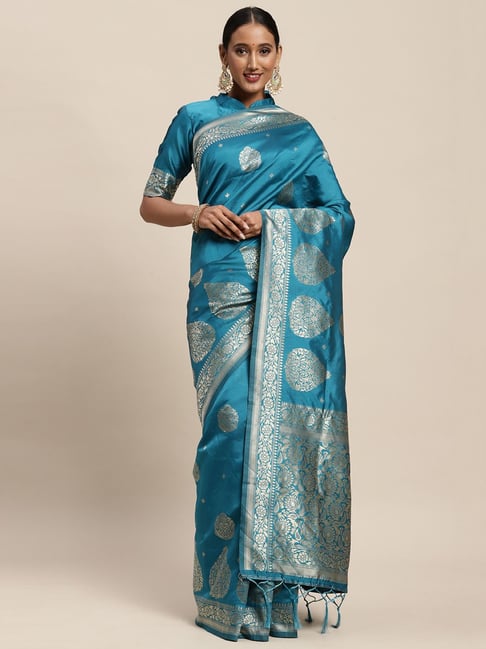 Saree Mall Blue Woven Saree With Unstitched Blouse Price in India