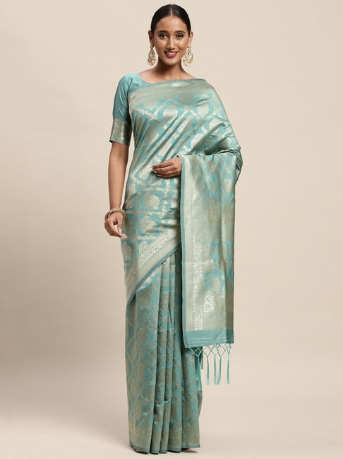 Saree Mall Turquoise Woven Saree With Unstitched Blouse Price in India