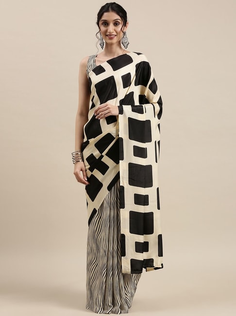 Saree Mall Cream & Black Printed Saree With Unstitched Blouse Price in India