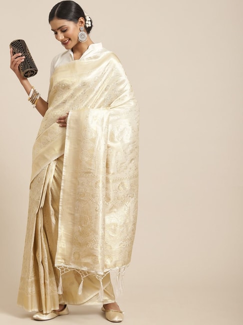 Saree Mall Off-White Woven Saree With Unstitched Blouse Price in India