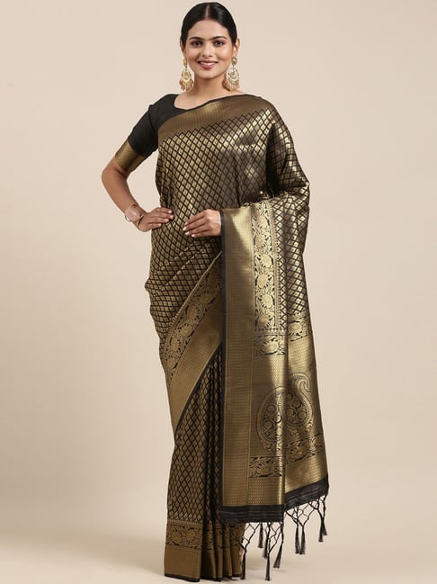 Saree Mall Black Woven Saree With Unstitched Blouse Price in India