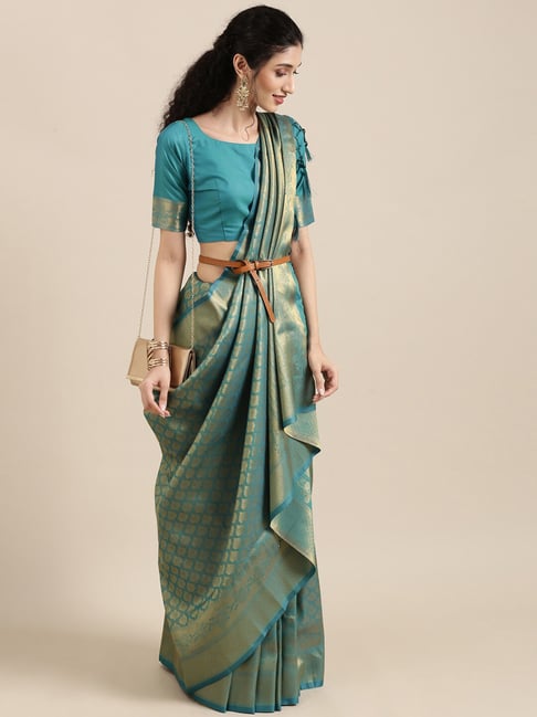 Saree Mall Teal Blue Woven Saree With Unstitched Blouse Price in India