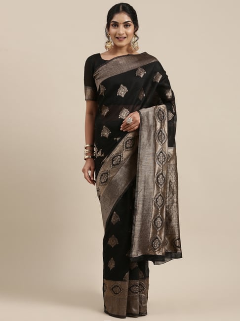 Saree Mall Black Linen Woven Saree With Unstitched Blouse Price in India