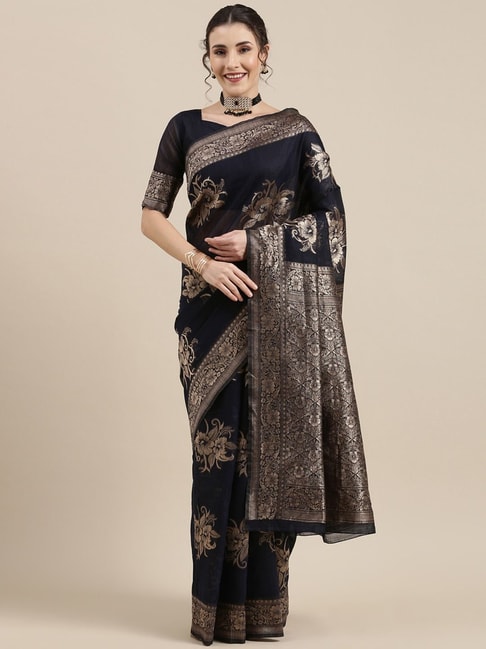 Saree Mall Navy Linen Woven Saree With Unstitched Blouse Price in India