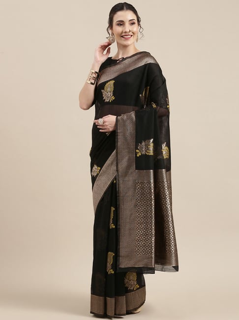 Saree Mall Black Linen Woven Saree With Unstitched Blouse Price in India