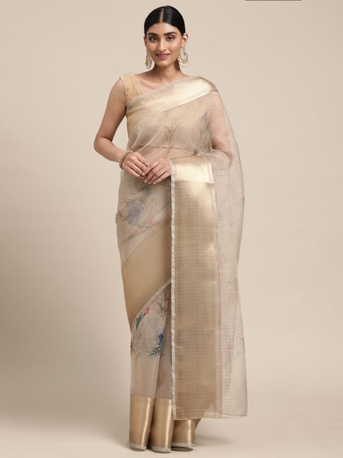 Saree Mall Beige Floral Print Saree With Unstitched Blouse Price in India