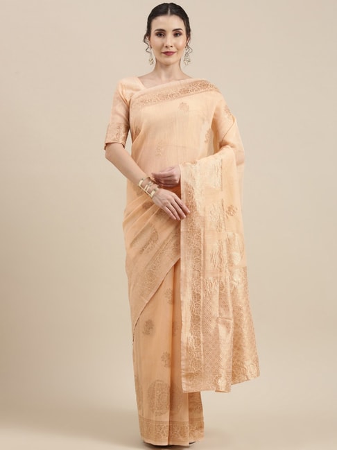 Saree Mall Peach Linen Woven Saree With Unstitched Blouse Price in India