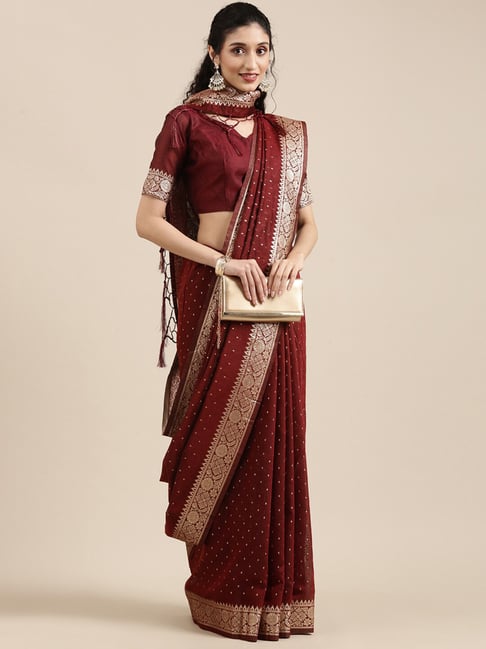 Saree Mall Maroon Woven Saree With Unstitched Blouse Price in India