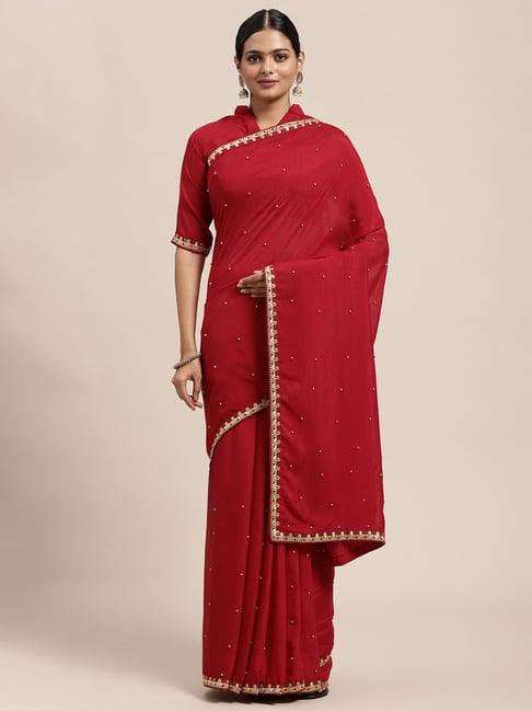 Saree Mall Maroon Embellished Saree With Unstitched Blouse Price in India