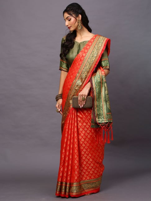 Saree Mall Red Woven Saree With Unstitched Blouse Price in India