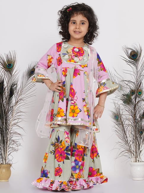 Little Bansi Kids Pink & Green Floral Print Kurta Frock with Sharara & Dupatta-picture-38
