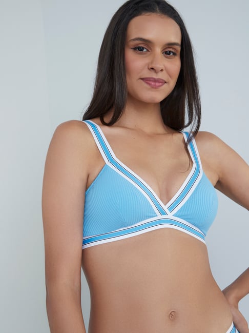 Superstar by Westside Blue Ribbed Padded Plunge Bra Price in India