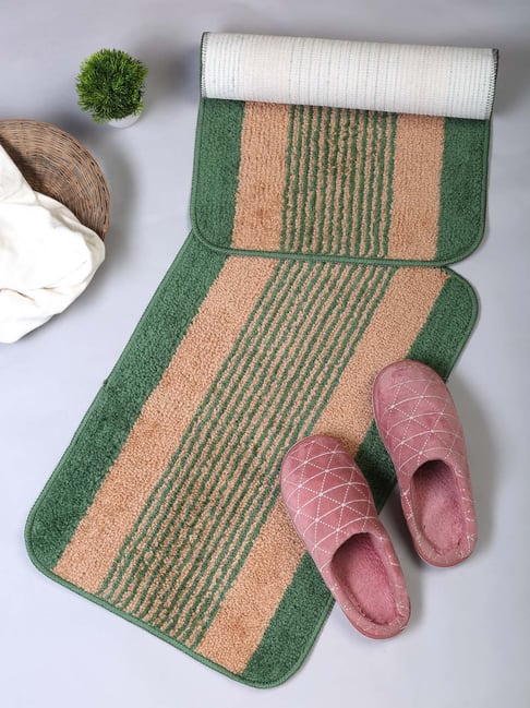 HOSTA HOMES Green & Beige Cotton Anti-Skid Door Mats - Set of 2