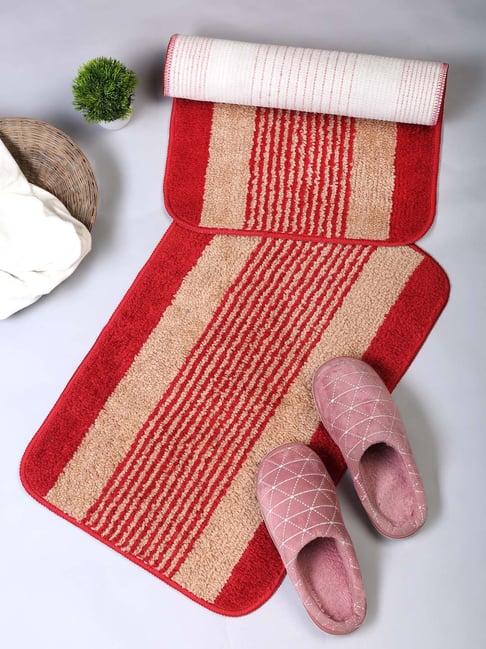 HOSTA HOMES Red & Beige Cotton Anti-Skid Door Mats - Set of 2