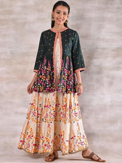 Rustorange Beige & Green Floral Print Maxi Dress With Shrug Price in India