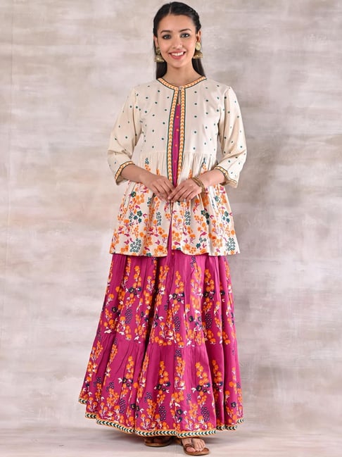 Rustorange Pink & Beige Floral Print Maxi Dress With Shrug Price in India