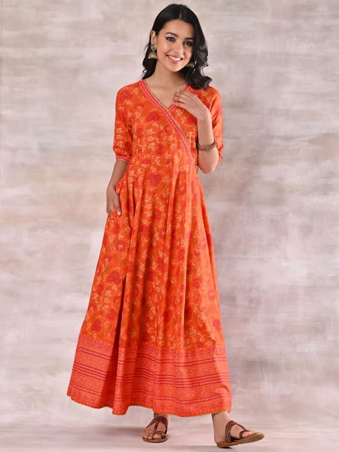 Rustorange Orange Floral Print Maxi Dress Price in India