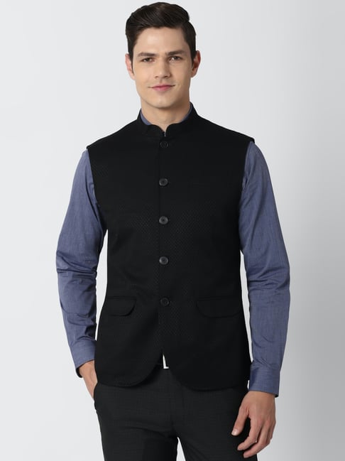 Peter England Black Regular Fit Self Pattern Nehru Jacket