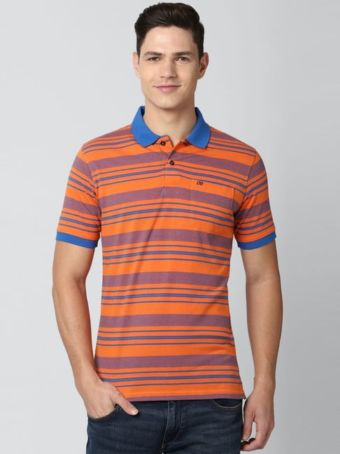 Peter England Orange Regular Fit Striped Polo T-Shirt