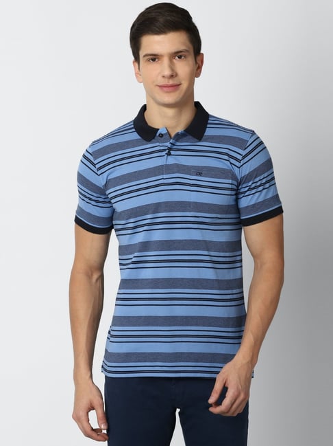 Peter England Blue Regular Fit Striped Polo T-Shirt