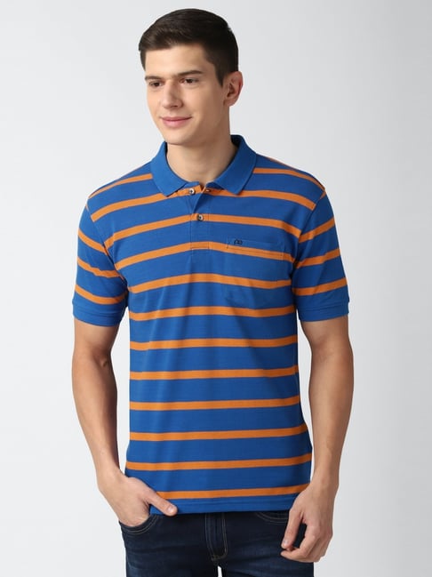 Peter England Blue Regular Fit Striped Polo T-Shirt