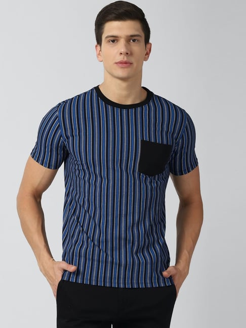 Buy Van Heusen Blue Black Cotton Slim Fit Striped T-Shirt for