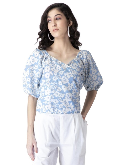 FabAlley Light Blue Floral Print Top Price in India