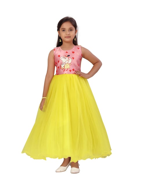 Yellow Brocade Woven Kids Flared Gown Kids 198KW08